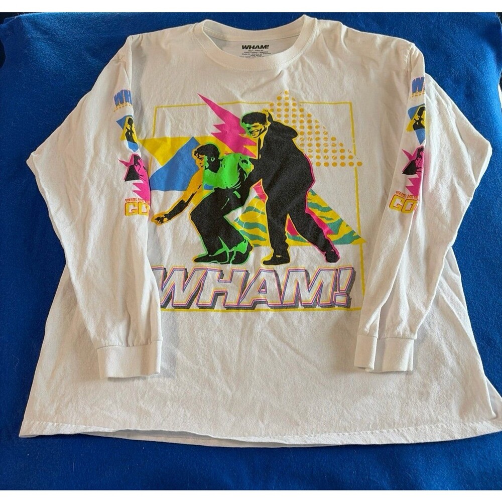 WHAM! Long Sleeve Graphic Band T-Shirt XL White Retro Pop Music George Michael